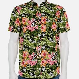 EUC Disney Mickey Mouse Tropical Hibiscus Floral Print Short Sleeved Button Down